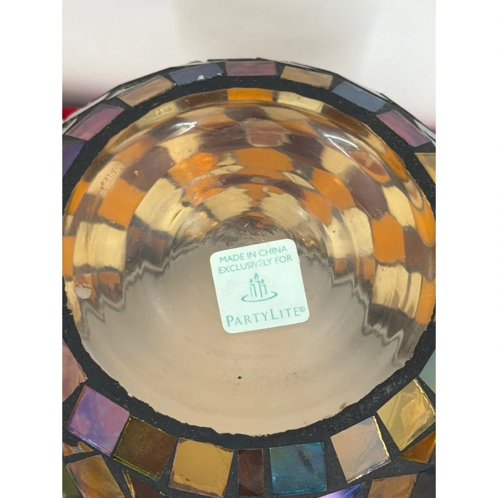 PartyLite Mosaic Glass Candle Holder Iridescent Amber Gold Beaded Trim Votive